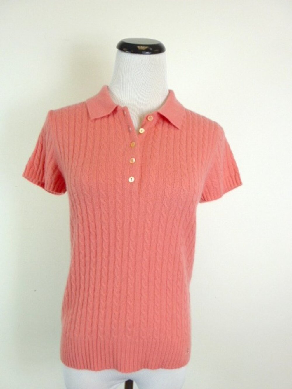 Burberry cashmere coral orange cable polo collar short sleeve sweater M